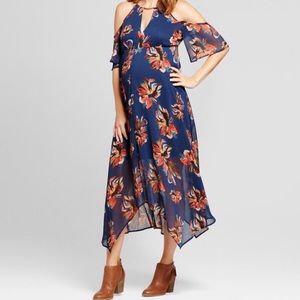 Blue maternity dress with sleeve cutouts